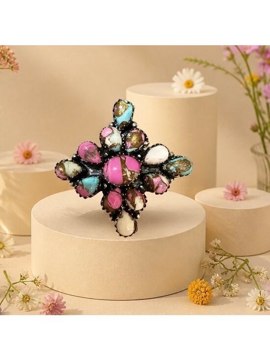 & Other Stories Jewelry - Cotton Candy Turquoise Cluster Ring Sterling Silver Size 8 Boho